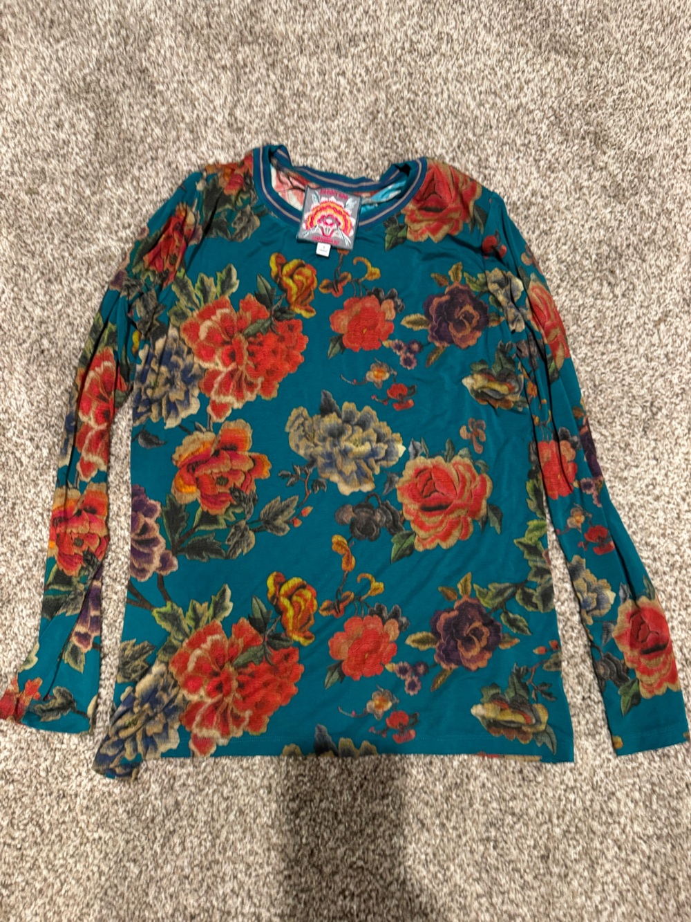 Johnny Was Teal Floral Long-Sleeve Tee with Red and Purple Blooms